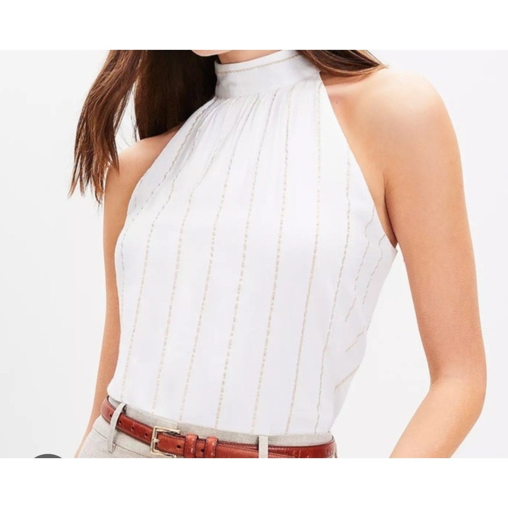 LOFT Small Off White Shimmer Gold Stripe Crinkle Bow Back Halter‎ Top